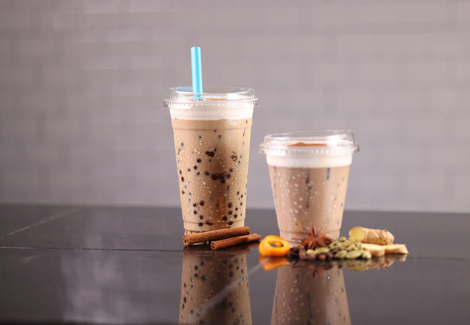 flavored iced coffee in plastic cups